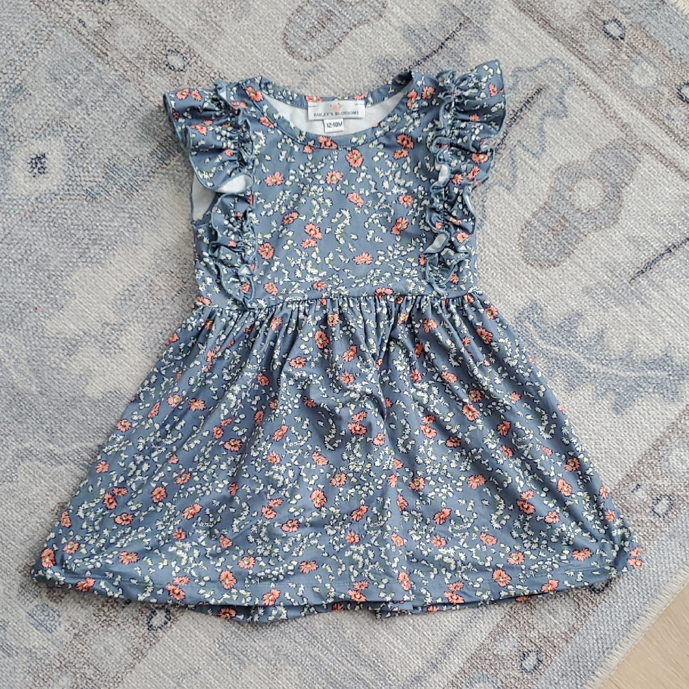 Bailey's Blossoms Baby Girls Flutter Sleeve Blue Floral Dress Sz12-18m